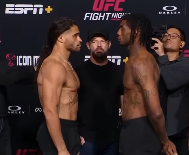 Narcocop's tweet photo. Quick note for everyone looking at this #UFC326 card.  Donte Johnson is not 5'8 like its stated on UFC stats and Tapology.  The guy is clearly 5'11-6'0.  Here he is standing next to Dumas( 6'2"). https://t.co/xzBuVeIKK8