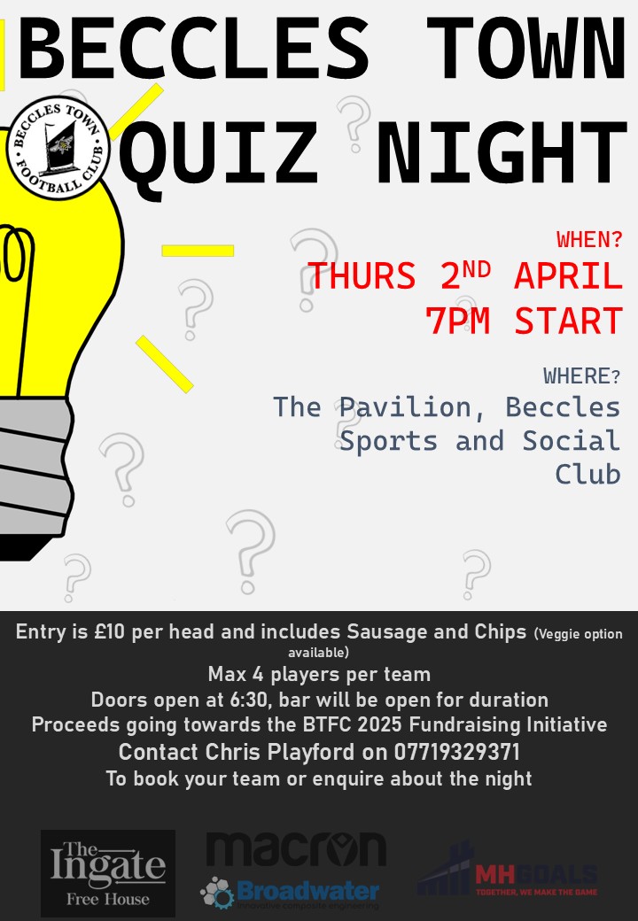 A reminder of the up and coming Quiz Night on Easter weekend! 

8 rounds, sausage and chips, bar open for the duration and an on the night raffle! This is a great way to start your bank holiday weekend! 

Message Chris Playford to register interest! 

⚪⛵⚫