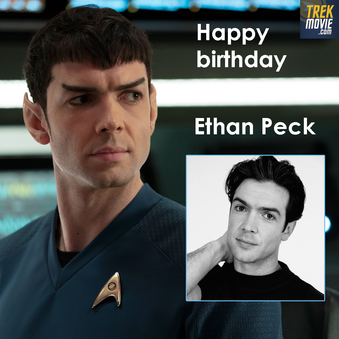 TrekMovie's tweet photo. Happy birthday to Ethan Peck, who plays Spock on Star Trek: Strange New Worlds (after a strong intro on Discovery and a couple of Short Treks). 
#StarTrekStrangeNewWorlds https://t.co/67rqTn7NS6