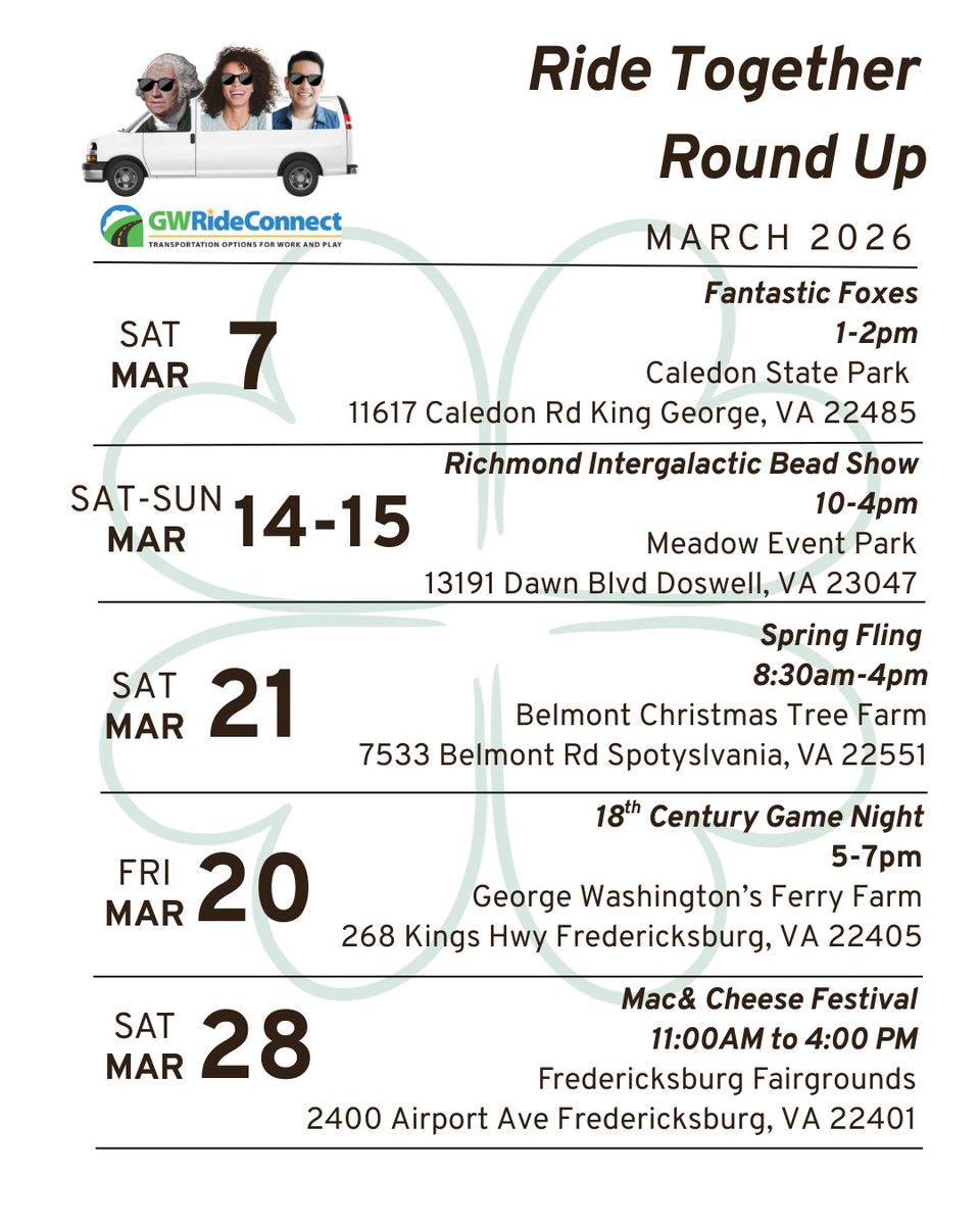 GWRideConnect's tweet photo. One of the best things about living in our region is all the fun things to do! Here is a list of events around the region happening this month that are perfect to carpool to! Grab a friend and ride together! #revolutionizeyourcommute #togetherweride https://t.co/nDVuiJd0QK