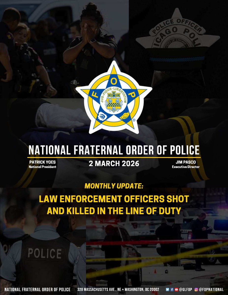 GLFOP's tweet photo. The National Fraternal Order of Police regrets to report that as of midnight on 28 February, there have been 62 officers shot in the line of duty in 2026. Of those officers shot, 7 of them were killed.

https://t.co/Oj5g0p0nNq https://t.co/K2L3dOB57z