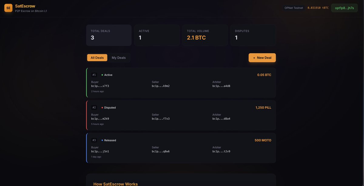 llamochkaa's tweet photo. 🔒 SatEscrow — trustless P2P escrow on Bitcoin L1    3-party system: Buyer → Seller → Arbiter   Dispute resolution on-chain. No middlemen.    Built with

@opnetbtc @opnetbtc_eco
+ Bob AI for #opnetvibecode  Week 2    

📷 Live: https://t.co/OhPgotQ4nt
📷https://t.co/8JV9CSovys
📷 Contract:   https://t.co/R4ADcCXJl1 #Bitcoin #DeFi #OPNet