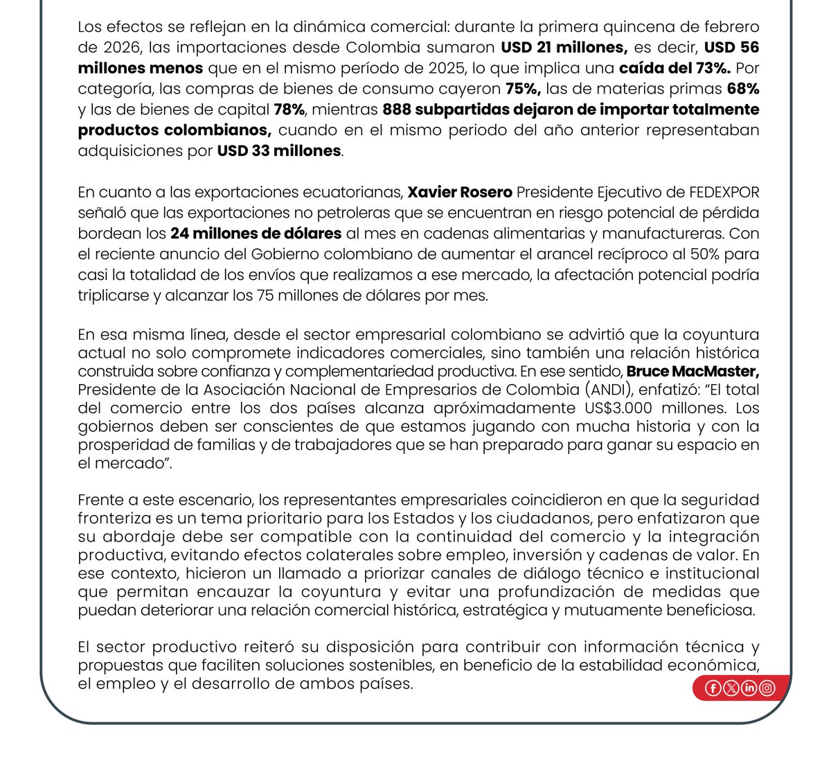 BOLETÍN DE PRENSA 
Hoy compartimos este pronunciamiento conjunto que refleja el compromiso del sector productivo con el diálogo técnico, responsable y constructivo entre Ecuador y Colombia <a href="/ANDI_Colombia/">ANDI</a>. 

Como gremios, reafirmamos que las soluciones sostenibles solo son