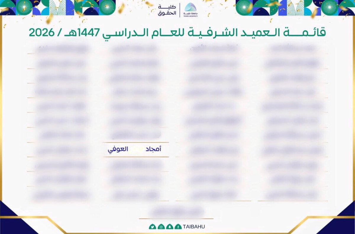 A_Aloufi_'s tweet photo. الحمدلله حتى يبلغ الحمد منتهاه ✨
تم اختياري ضمن قائمة العميد الشرفية لخريجي كلية الحقوق بجامعة طيبة لعام 1447هـ/2026م https://t.co/AodPMIhwt4