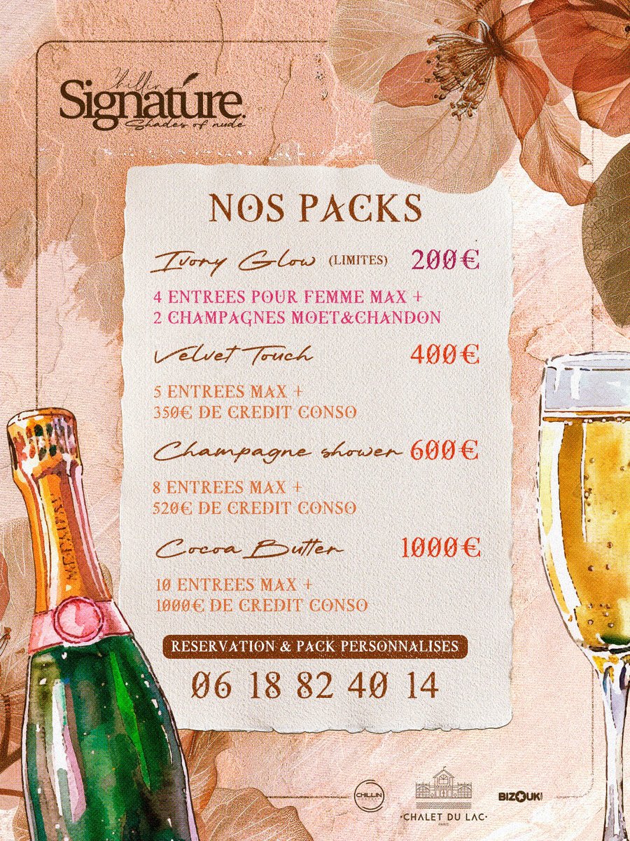 🥂 Réservez votre table et vos bouteilles dès maintenant pour la 𝐒𝐢𝐠𝐧𝐚𝐭𝐮𝐫𝐞 “𝐒𝐡𝐚𝐝𝐞𝐬 𝐨𝐟 𝐧𝐮𝐝𝐞” 🤎

📆 Samedi 21 mars 2026.
⌚️ 23h → 05h

🔔 Réservations fortement conseillées. Nombre de tables limitée.

my.bizouk.com/chillin-signat…