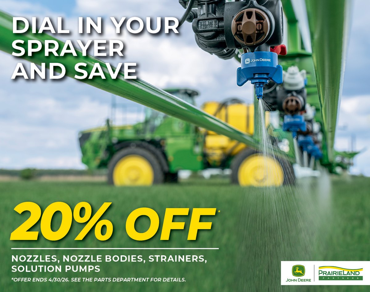 PrairieLandJD's tweet photo. Make sure your sprayer is ready when it matters most. For a limited time, save 20% on select sprayer parts including nozzles, nozzle bodies, strainers, and solution pumps. 
Offer ends 4/30/26, see the parts department for details. https://t.co/73YtWSO1yT