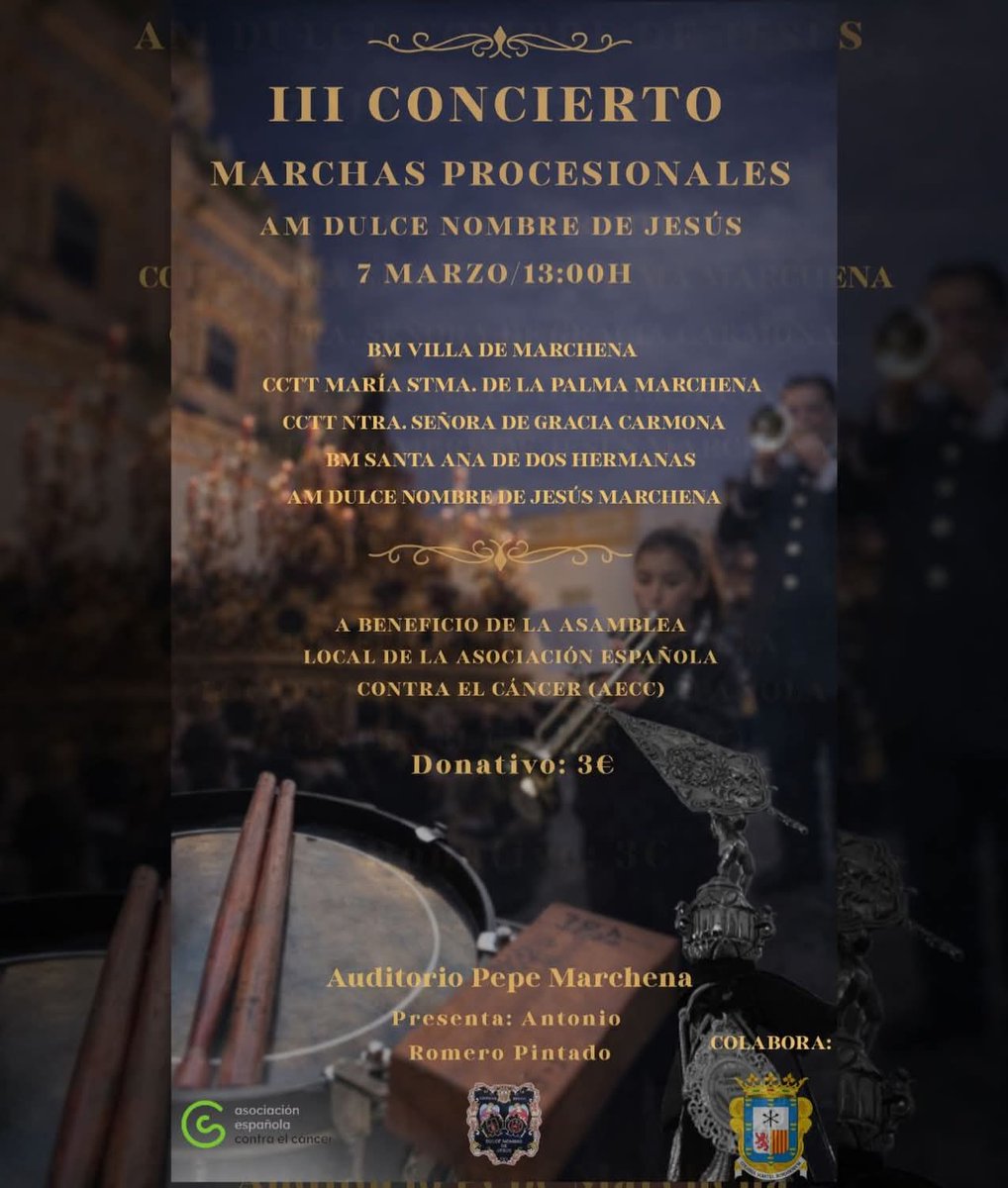 LaPalmaMarchena's tweet photo. 𝐏𝐑Ó𝐗𝐈𝐌𝐀 𝐀𝐂𝐓𝐔𝐀𝐂𝐈Ó𝐍 

Este próximo sábado, por segundo año consecutivo, participaremos en el Certamen de Bandas organizado por los compañeros de la @AMDULCENOMBREM

Además, compartiremos escenario con @BandaVilladeM , @Bandacarmona23 y @BMSantaAna .

(1/2) https://t.co/qsP7bn7efs
