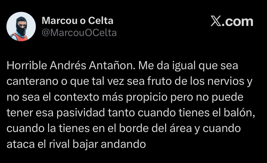 decabo22's tweet photo. @MarcouOCelta Entre decir “horrible y que tuvo pasividad con balón y sin” a lo segundo, me quedo con lo segundo. Se nota que no has tocado un balón en tu vida colega https://t.co/2tNClFWGSF