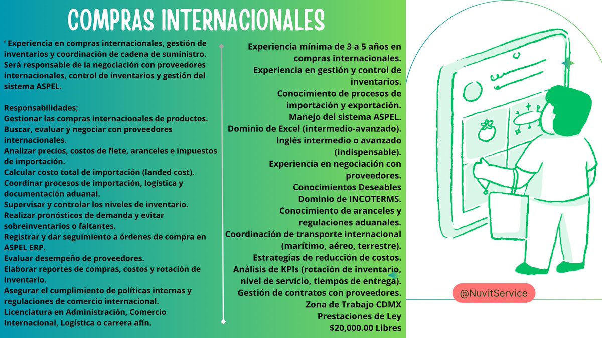 NuvitService's tweet photo. #NuvitService #comprasinternacionales #negociosinternacionales #contabilidad #aspel #aspelsae #trabajo #empleo #CDMX https://t.co/Ad3J32C3mz