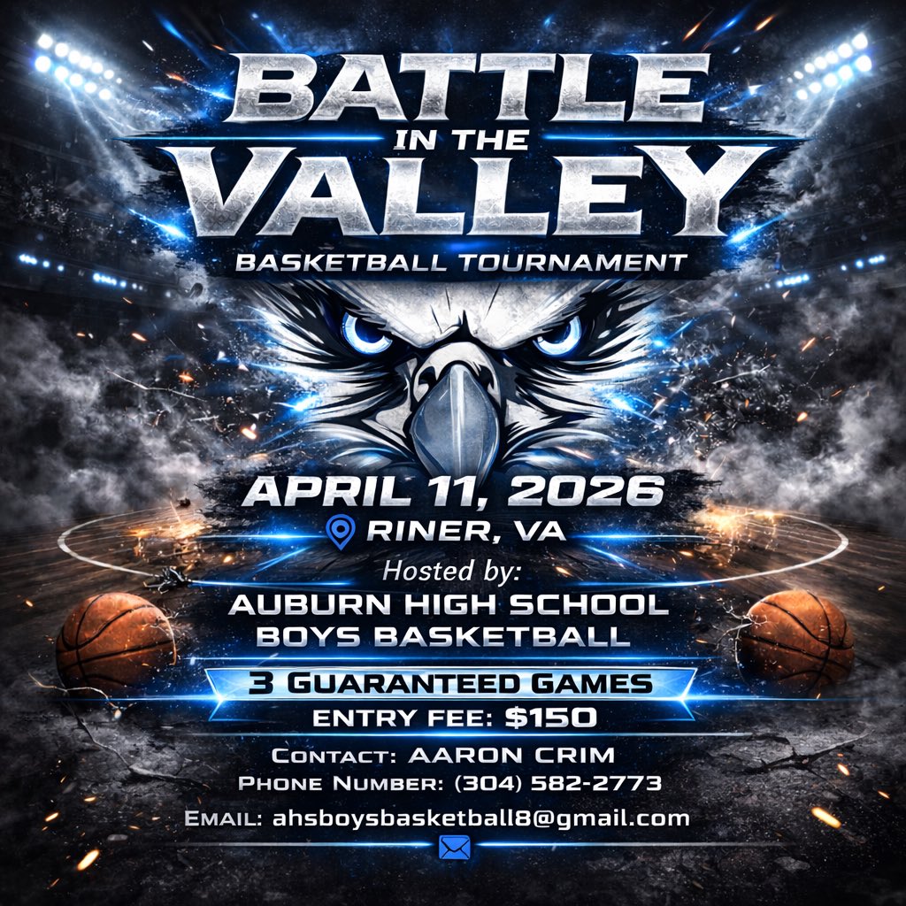 Battle in the Valley

3rd grade - Varsity teams
3 Game Guarantee
$150 registration
🗓️ April 11, 2026
📍Riner, VA (Auburn High &amp; Auburn Middle School)

Registration can be done now on TourneyMachine:

tourneymachine.com/E178264