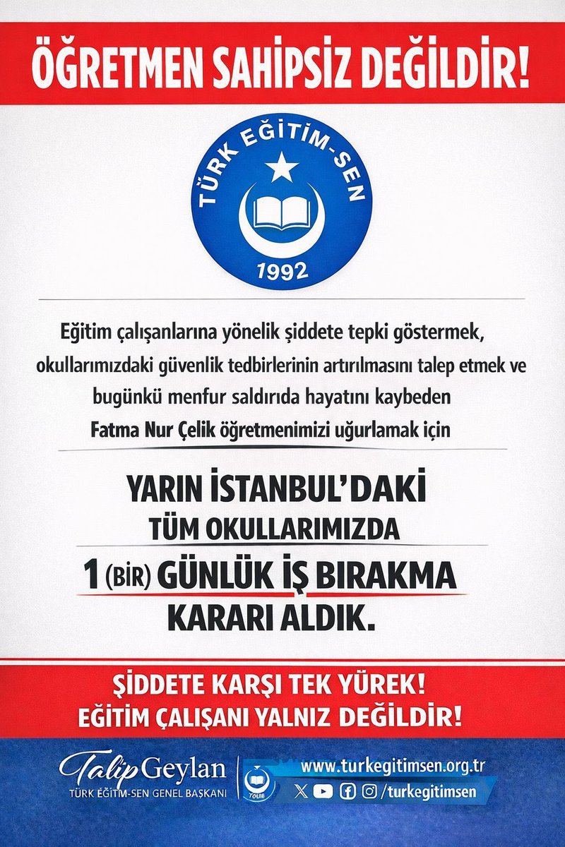 Serhatcccelik's tweet photo. Herkes sussa Türk Eğitim-Sen susmaz! 
Herkes vazgeçse Türk Eğitim-Sen vazgeçmez! 
Herkes geri dursa Türk Eğitim-Sen geri durmaz!

Sn. Genel Başkanımız @TalipGeylan06

 Susmayacağız, vazgeçmeyeceğiz, geri durmayacağız. 

#ÖğretmenSahipsizDeğildir https://t.co/AJjCwW6xuw