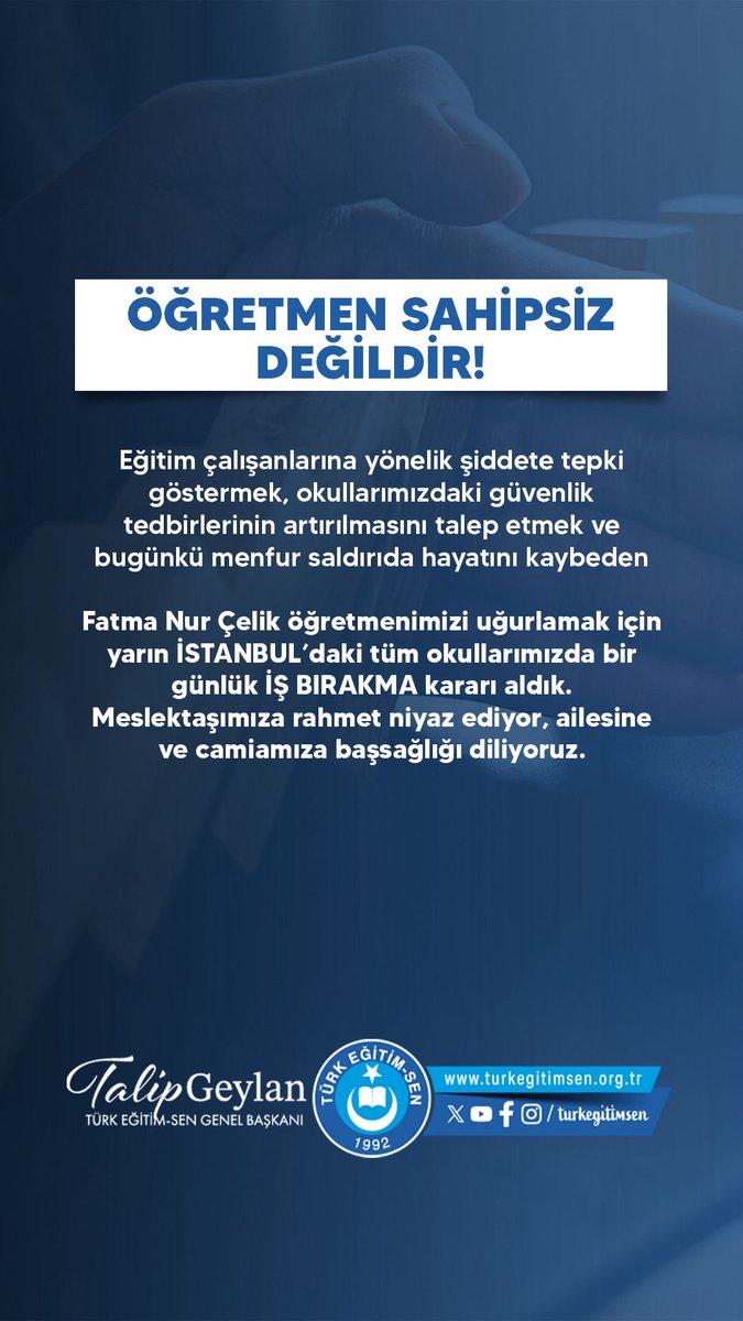 Fatma Nur Çelik öğretmenimizi uğurlamak için #ÖğretmenSahipsizDeğildir diyerek yarın İstanbul’da bir gün iş bırakıyoruz.