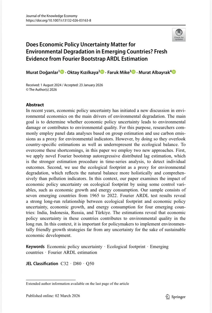 FarukMike's tweet photo. "Does Economic Policy Uncertainty Matter for Environmental Degradation in Emerging Countries?" isimli yeni çalışmamız Journal of the Knowledge Economy (Scopus, Q2/SJR) dergisinde yayında.

Katkı sağlayan Prof. Murat Doğanlar, Prof. Dr. Oktay Kızılkaya ve Dr. Öğr. Üyesi Murat Albayrak’a teşekkür ederim.

https://t.co/LCJtdngy7R