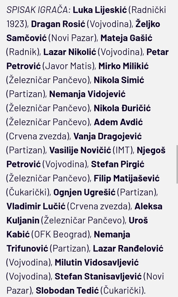 Veljko Paunovic has called up 25 players from the Superliga to participate in a training match on March 11th.

Good opportunity for him to get a closer look at some of the players that have caught his eye this winter. 

The list :