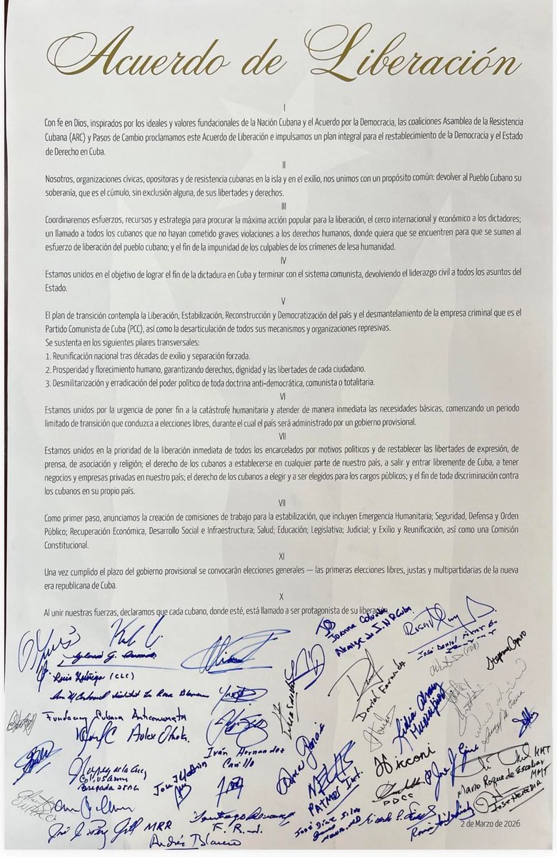agusantonetti's tweet photo. Histórico. El pueblo de Cuba en el exilio acaba de firmar el Acuerdo de Liberación entre las principales plataformas democráticas.

Oficialmente hay, por primera vez, un plan de transición en Cuba para realizar los próximos meses.

La liberación de Cuba está más cerca que nunca. https://t.co/hyKplDn1tG