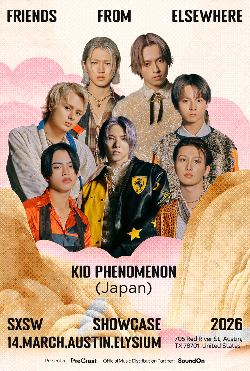 ［News］

▼KID PHENOMENON
"SXSW"オフィシャル・ショーケース
"FRIENDS FROM ELSEWHERE"に
出演決定

🔗culture-cruise.com/kid-ffe2633/

🇺🇸出演予定日時：3/14(土) 22:10〜
  （日本時間3/15(日) 12:10〜）

#KIDPHENOMENON
#SXSW2026
#SXSW