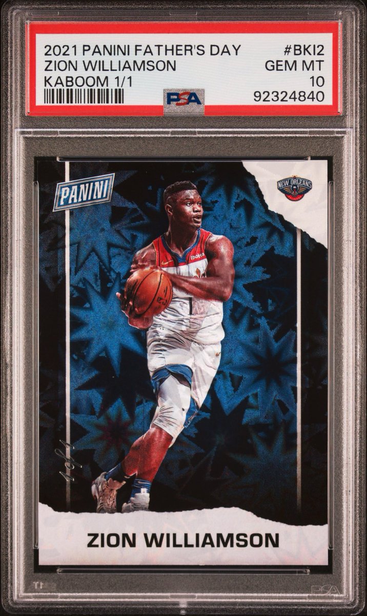 CheckerVault's tweet photo. In 2021, Panini Father’s Day packs included a special and ultra limited 1/1 Black Kaboom refractor set.

This multi-sport release featured 100 athletes across NBA, USA Baseball, collegiate, NASCAR, and soccer licenses held by @PaniniAmerica at the time.

The checklist included legends like Lionel Messi, Cristiano Ronaldo, Tom Brady, Patrick Mahomes, LeBron James, Stephen Curry, Clayton Kershaw, Mike Trout and more!

So what makes this set unique?

For many of these players, this is their only Black Kaboom refractor card ever produced that is fully licensed. 

Further, several of these cards feature jersey/licensing combinations that do not exist in any other Kaboom release, making them true 1/1s.

Examples:
• Brady in Michigan collegiate uniform
• Trout & Kershaw in USA Baseball
• Messi (Barcelona) & Ronaldo (Juventus)

Full Set and Kaboom checklist: 
• https://t.co/f7d9PrEekF