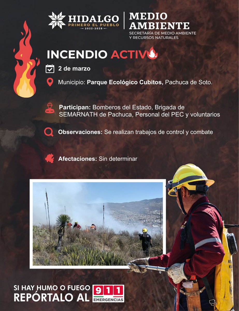 medioambiente_H's tweet photo. #AlMomento 🚨🔥

Incendio activo en el PEC, Parque Ecológico Cubitos. 
Trabajan en coordinación Bomberos del Estado, Brigada SEMARNATH conocida como Pachuca, personal del PEC y voluntarios. 

Si ves humo o fuego, repórtalo al 9️⃣1️⃣1️⃣. https://t.co/HjO5TbKHee