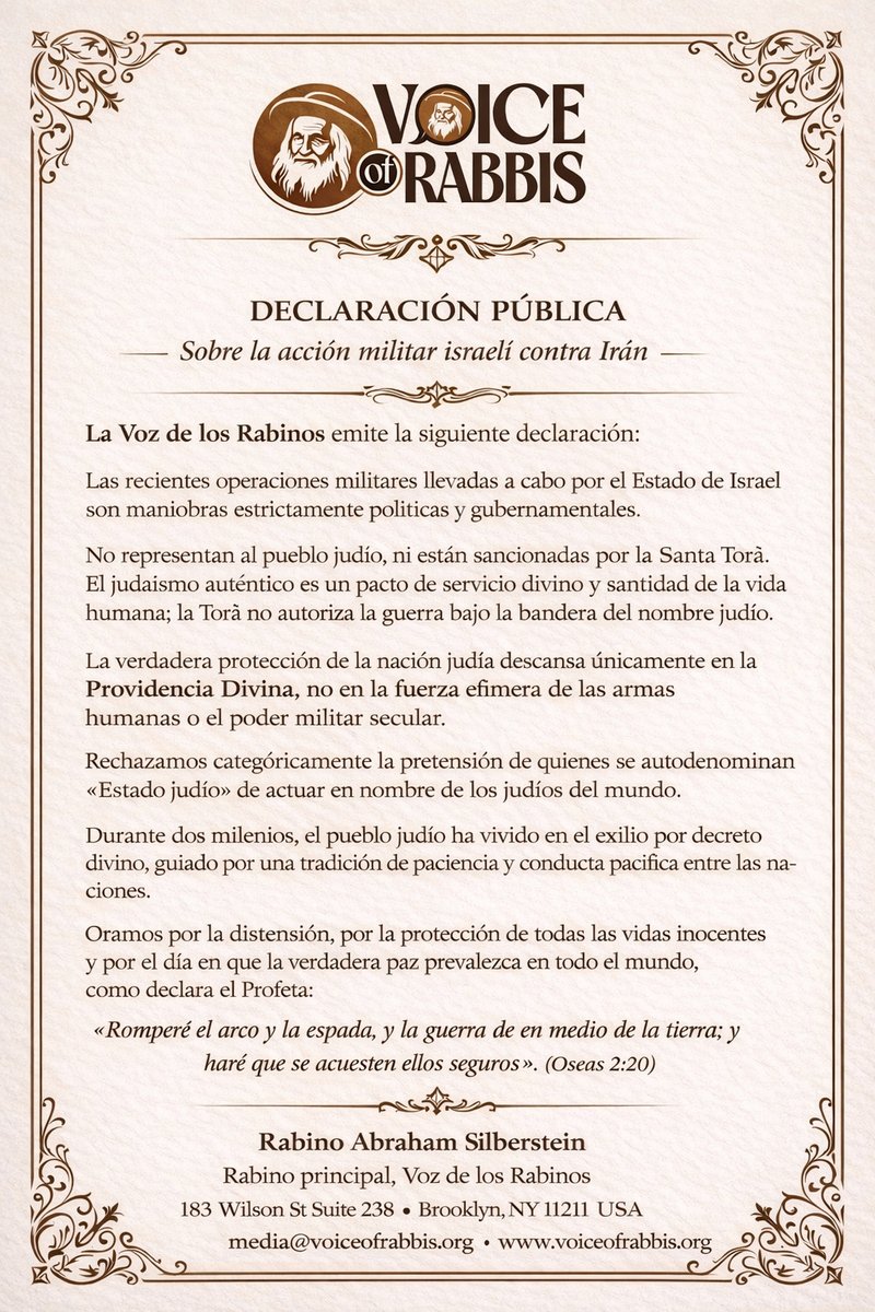 Atención a este mensaje de la plataforma La Voz de los Rabinos ante los acontecimientos en Irán. Una vez más, el judaísmo ortodoxo alza la voz contra el Estado de Israel: no representa al judaísmo ni encarna nuestros profundos valores religiosos.

Source <a href="/voiceofrabbis/">Voice of Rabbis</a>