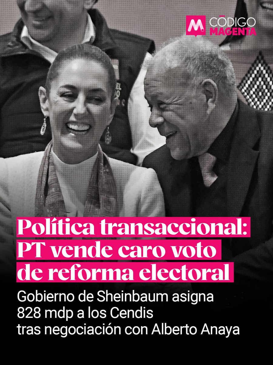 CodigoMagentaMx's tweet photo. ⭕️ El gobierno federal asignó 828 millones de pesos para la operación de los Centros de Desarrollo Infantil (#Cendis) vinculados al Partido del Trabajo (@PTnacionalMX), dirigidos políticamente por @AlbertoAnayaGt.

🔹La asignación ocurre en la antesala de la discusión de la #ReformaElectoral impulsada por la administración de @Claudiashein, una iniciativa que requiere mayorías calificadas en el #Congreso y votos de los partidos satélite de #Morena.

🔹La negociación con el #PT habría sido clave para asegurar su respaldo legislativo, en un contexto donde Morena necesita disciplina interna y cohesión de aliados.

🔹El gobierno federal defendió públicamente el monto, argumentando que los Cendis son instituciones que requieren continuidad presupuestal y que la asignación está justificada por criterios educativos y sociales.

🔹La dirigencia del PT negó que los recursos formen parte de un intercambio político, según declaraciones recogidas por @proceso, insistiendo en que la red de Cendis opera desde hace décadas y ha recibido financiamiento federal de administraciones previas.

➡️ ¿Por qué importa? La asignación reaviva cuestionamientos sobre la opacidad y el uso político de programas educativos asociados a partidos con representación marginal, pero capacidad de veto.

➡️ El episodio exhibe la lógica de transacciones parlamentarias que persiste en la política mexicana: apoyos legislativos a cambio de recursos públicos.

➡️ La discusión emerge en un momento crítico para el gobierno de #Sheinbaum, que busca aprobar una Reforma Electoral de alto impacto sin abrir frentes con aliados estratégicos que aportan votos, estructura territorial y control de bases.

🔸Detalles: Los Cendis vinculados al PT han sido históricamente objeto de controversias presupuestales por su modelo híbrido. Operan como centros educativos, pero administrados por una organización política con estructura paraestatal.

🔸Desde 2017, estos centros han enfrentado auditorías y observaciones por manejo financiero, aunque no se ha traducido en sanciones penales en firme.

🔸En 2023 y 2024, el PT ya había logrado incrementos presupuestales para los Cendis, lo que confirma una tendencia de fortalecimiento financiero previo a momentos clave del calendario político.

🔸La actual asignación de 828 mdp representa uno de los montos más altos en una década, reforzando su relevancia en la negociación.

🔸La Reforma Electoral en discusión incluye puntos que afectan directamente a los partidos pequeños, como criterios de financiamiento y reglas de representación, por lo que el PT busca asegurar margen de maniobra en un rediseño institucional que podría reducir su peso político.

▪️ Contexto: El PT depende históricamente de alianzas con gobiernos federales para sostener su estructura, y los Cendis -fundados por organizaciones vinculadas a #AlbertoAnaya desde los años 80- han sido un pilar financiero y territorial.

▪️ Las negociaciones parlamentarias para reformas de gran calado suelen involucrar compensaciones a partidos minoritarios. Durante los gobiernos de @VicenteFoxQue, @FelipeCalderon y @EPN se registraron prácticas similares.

▪️ Morena enfrenta una recomposición interna: tensiones por el control de comisiones, la ruta sucesoria dentro del partido y las expectativas de aliados como PT y #PVEM condicionan la estabilidad de la coalición.

▪️ La administración de Sheinbaum busca una aprobación rápida de la Reforma Electoral para evitar que se interprete como una batalla interna dentro del oficialismo, pero episodios como la asignación a los Cendis revelan el costo político de sostener mayorías calificadas.