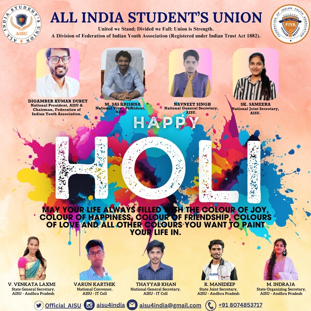 May your life be filled with vibrant colors, happiness, and endless success. Wishing you and your Happy Holi!
#Holi2026 #Holi #holifestival #HoliCelebration #HoliSpecial #aisu4india #aisu #aisu4ap #aisu4students