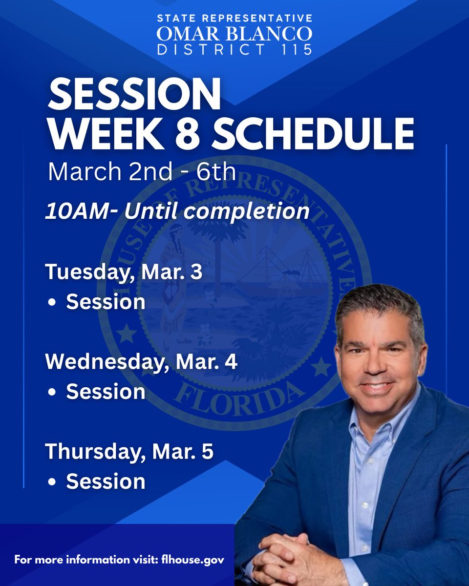 OmarBlancoFL's tweet image. Heading full force into the week as we prepare for three sessions. It’s going to be a busy one focused on delivering results for our communities. Be sure to tune in on The Florida Channel and stay engaged! #session #goingstrong #legislation #omarblanco #hd115