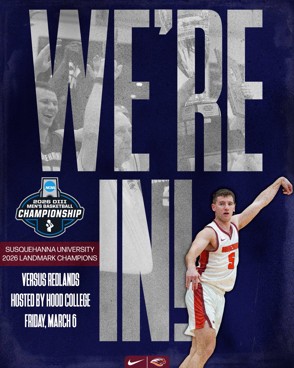 MBB | 𝐖𝐄'𝐑𝐄 𝐈𝐍!!!

Susquehanna will play Redlands in the opening round of Friday's NCAA Division III Tournament, hosted by Hood College!

<a href="/LandmarkConf/">Landmark Conference</a> x <a href="/NCAADIII/">NCAA Division III</a> 

#ALLIN x #GOSUSQU x SURIVERHAWKS.COM x #d3hoops