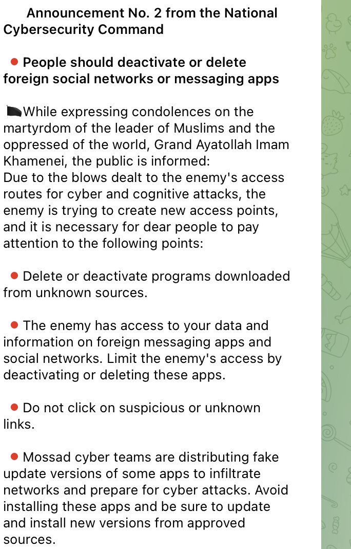 FalconFeedsio's tweet photo. Iran's National Cybersecurity Command advisory urges citizens to delete/deactivate foreign messaging &amp; social media apps, avoid unknown downloads/links, and install updates only from approved sources, alleging hostile cyber infiltration attempts. https://t.co/vHTLtdxn5h