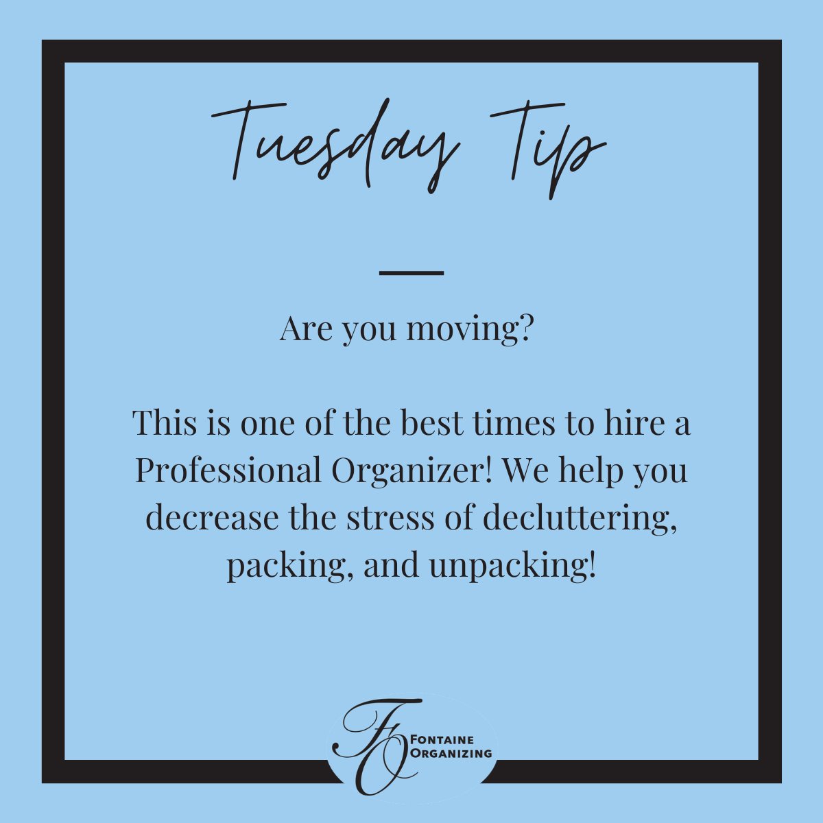 FontOrganize's tweet image. ✨Pro Tip Tuesday
Are you moving?
This is one of the best times to hire a Professional Organizer! We help you decrease the stress of decluttering, packing, and unpacking!

#fontaineorganizing #ProTipTuesday #newenglandorganizer #organizingtips
#movingtips #workwithanorganizer