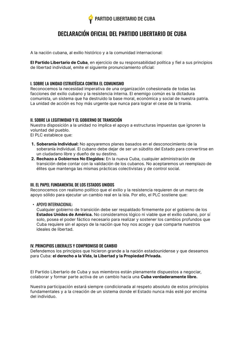 PLIBCUBA's tweet photo. DECLARACIÓN OFICIAL DEL PARTIDO LIBERTARIO DE CUBA. https://t.co/EmZe06D7CY