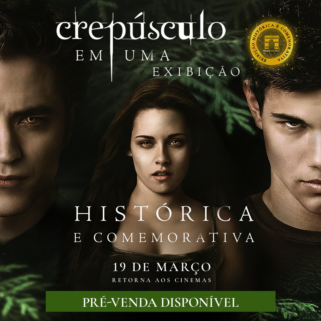 Em 2008, uma história mudou tudo.
Entre tensão e mistério, nasceu um dos romances mais marcantes do cinema.

Agora é hora de voltar para Forks.

Pré-venda já disponível.

Reexibição histórica e comemorativa de Crepúsculo, a partir de 19 de março, exclusivamente nos cinemas.