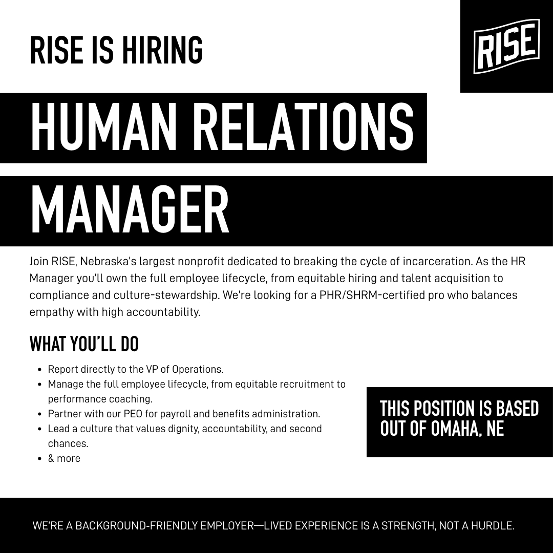 SeeUsRise_'s tweet photo. RISE is hiring leaders in Omaha! 🌟 We’re Nebraska’s largest nonprofit breaking cycles of incarceration. Join us as HR Manager, Volunteer Manager, or Community Organizer (PT). Lived experience is valued.

Apply: https://t.co/ojy21tNnEl

#OmahaJobs #SecondChances #SeeUsRiseNE https://t.co/JZ8DuRLDrX