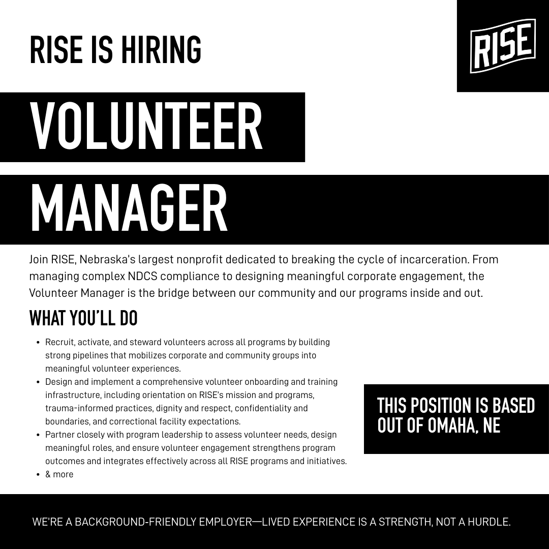 SeeUsRise_'s tweet photo. RISE is hiring leaders in Omaha! 🌟 We’re Nebraska’s largest nonprofit breaking cycles of incarceration. Join us as HR Manager, Volunteer Manager, or Community Organizer (PT). Lived experience is valued.

Apply: https://t.co/ojy21tNnEl

#OmahaJobs #SecondChances #SeeUsRiseNE https://t.co/JZ8DuRLDrX