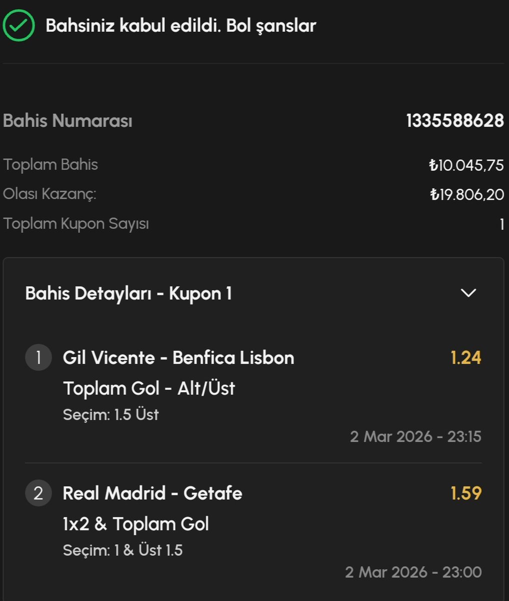 GarfieldBahisci's tweet photo. Bugün ki 2 maçlık kuponumuz hazırdır.

10.045 TL'ye 19.806 TL veriyor 💪 

#Gil Vicente - #Benfica Toplam gol 1.5 üst 

#RealMadrid - #Getafe Real Madrid kazanır ve toplam gol 1.5 üst

#ardagüler 

#Pavlidis

#iddaa #tahmin #bahis

#Garfield https://t.co/NYVvjm9cns