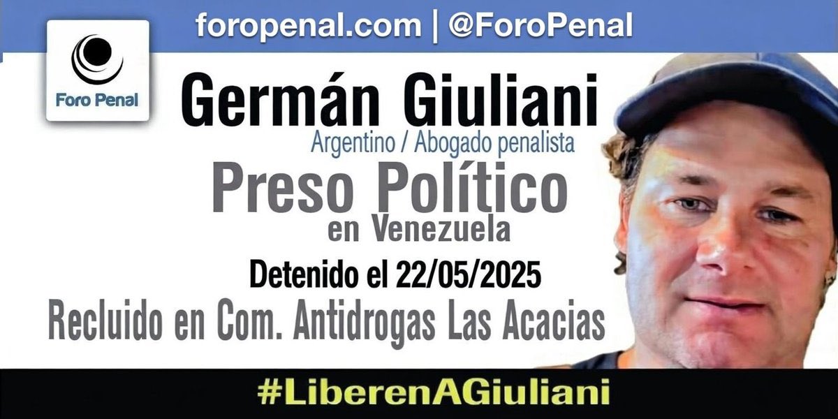 Exigimos la liberación inmediata de Germán Giuliani ¡YA!

Basta de persecución y detenciones injustas. No se puede criminalizar a quien defiende la justicia y los derechos.

Alzamos la voz desde Argentina y desde cada rincón donde haya un venezolano que crea en la libertad.
