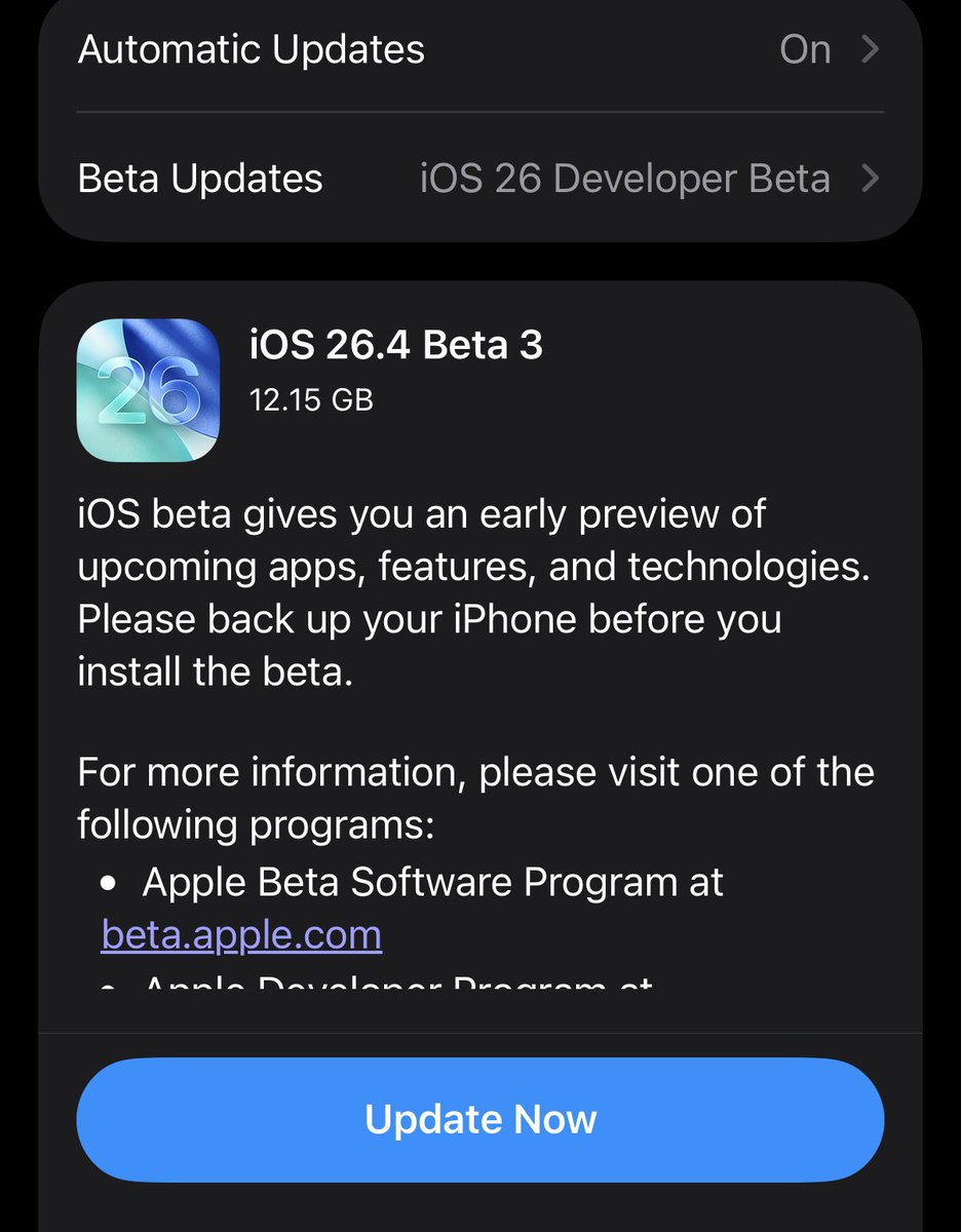 للمهتمين بالتحديثات الخاصة بنظام iOS 26.4 فقد صدرت النسخة التجريبية الثالثة للمطورين لأجهزة ( آيفون وآيباد والساعة ) ولم أفحص الماك بعد وهذا يعني أننا قاب قوسين أو أدنى من النسخة الرسمية للجميع