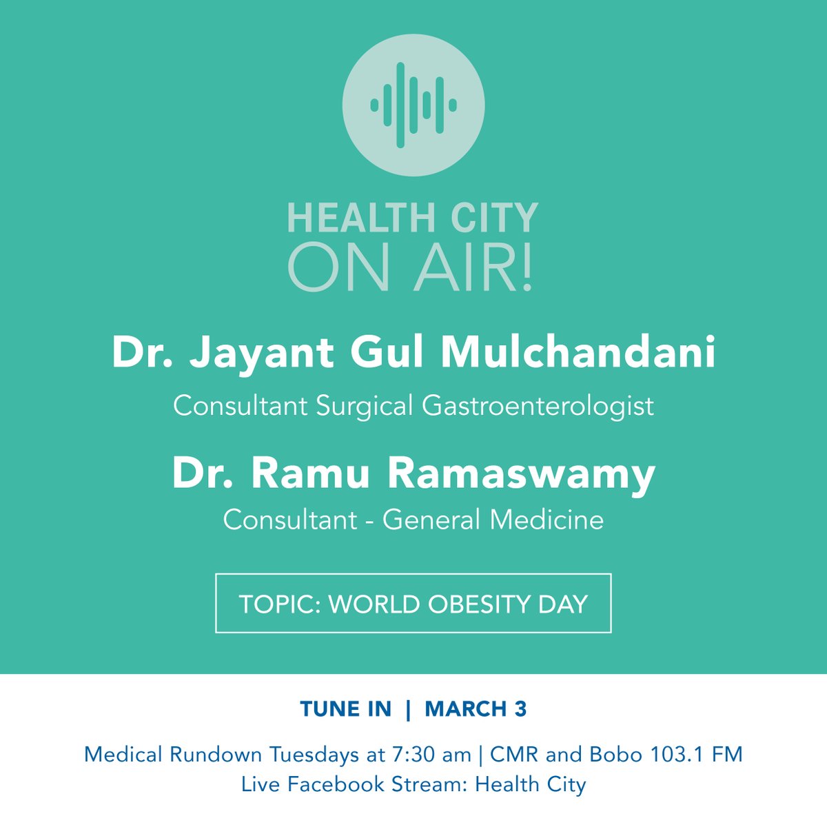 Tune in tomorrow, March 3, at 7:30am on CMR and Bobo 103.1 FM for this week’s Medical Rundown.

Our consultants in Surgical Gastroenterology and General Medicine will be discussing World Obesity Day &amp; the importance of a healthy lifestyle.

We’ll be live on Facebook - join us!
