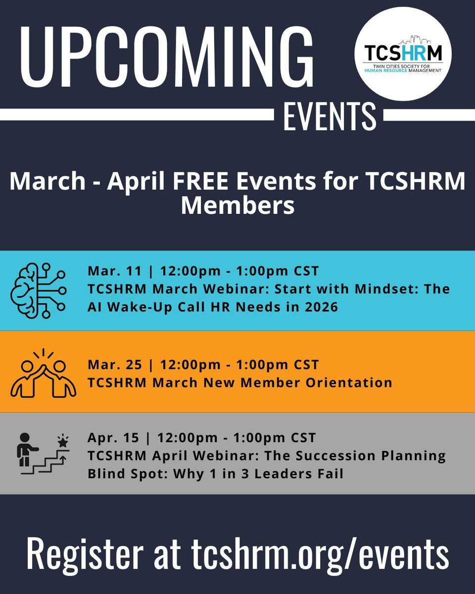 TCSHRM_Tweets's tweet image. 🎉 Exciting (and FREE!) events are on the horizon for our TCSHRM Members!
Don’t miss out on valuable connections, fresh insights, and professional growth opportunities—all at no cost to you.

📅 Register now! buff.ly/shvXzgv

#TCSHRM #HREvents #FreeForMembers