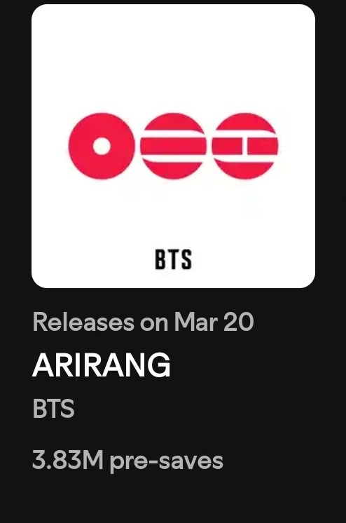 ARIRANG Spotify Pre-saves

Día 37 — 3.53M (+40k)
Día 38 — 3.55M (+20k)
Día 39 — 3.57M (+20K)
Día 40 — 3.6M (+30k)
Día 41 — 3.64M (+40k)
Día 42 — 3.69M (+50k)
Día 43 — 3.73M (+40k)
Día 44 — 3.76M (+30k) 
Día 45 — 3.8M (+40k)
Día 46 — 3.83M (+30k)