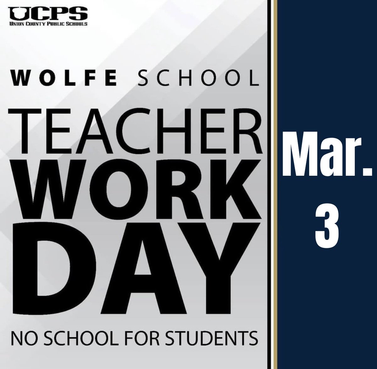 Tomorrow, March 3rd, is a Wolfe School Teacher Workday. There will be no school for students. Normal schedule will resume on Wednesday, March 4th. <a href="/ucpsnc/">Union County Public Schools</a> <a href="/aghoulihan/">Andrew G. Houlihan</a>