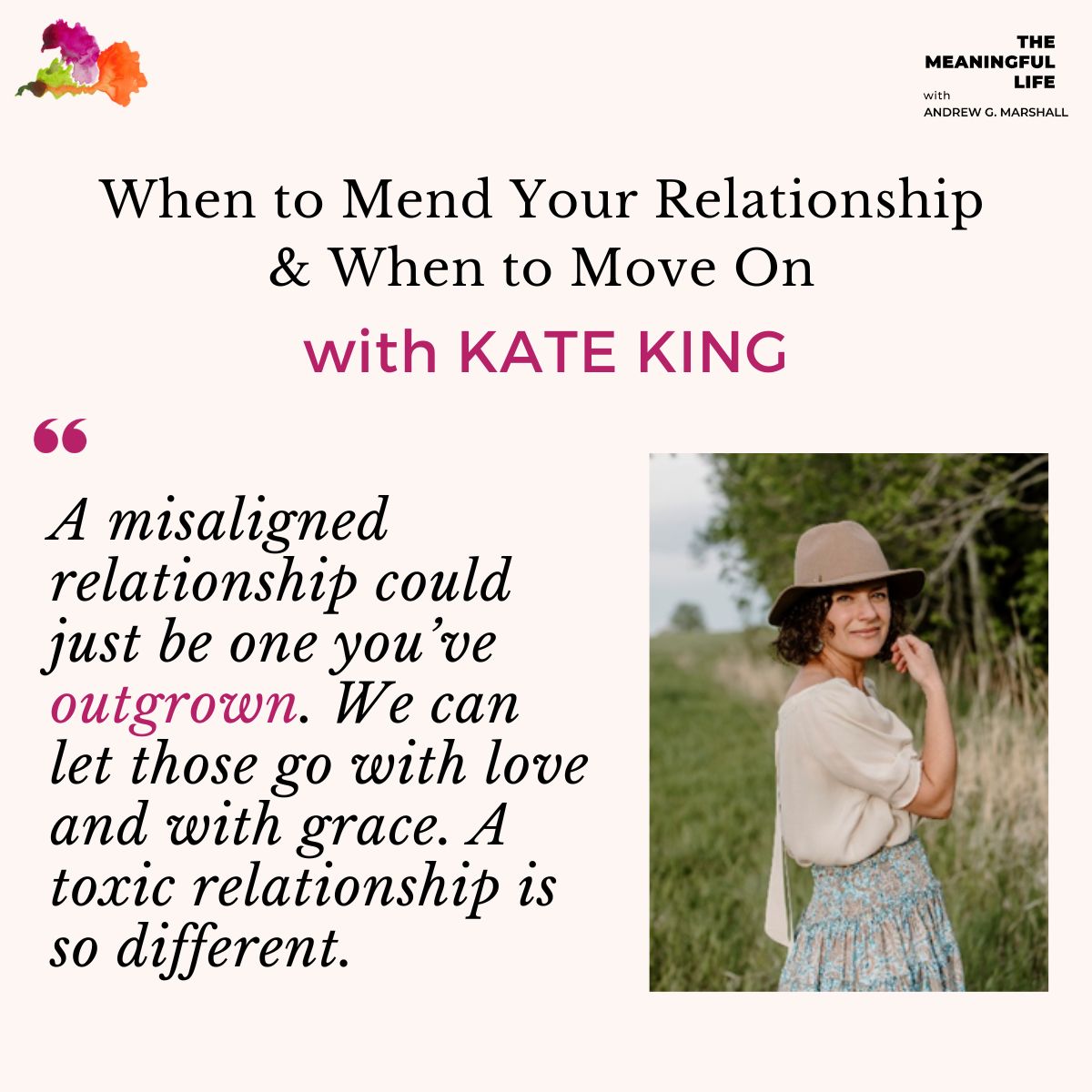 andrewgmarshall's tweet photo. ❤️‍🩹Author and therapist KATE KING joins me this week to discuss the question of whether to “Mend or Move On”.

Kate challenges the assumption that family loyalty and social harmony should come at the expense of personal well-being.

Not every connection is worth saving - but how do you know whether your relationship is worth healing, or whether it’s time for an honest goodbye?

We discuss:
⭐️ What differentiates a truly toxic relationship from one that is merely misaligned or has expired beyond its purpose. 

⭐️Why constructing walls—physical, emotional, and/or energetic barriers that keep people out—actually strengthens relationships.

⭐️The critical difference between being needy vs having needs in relationships

⭐️ The importance of staying curious in healthy relationships.

🎧 Listen wherever you get your podcasts, or follow the link in the comments to my website.