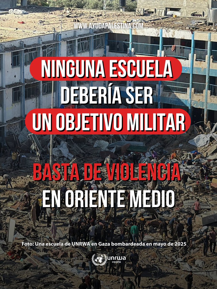 UNRWAes's tweet photo. Las aulas deberían estar llenas de libros, risas y futuro, no de miedo. En Oriente Medio, la población civil sigue pagando el precio de la violencia. Ninguna escuela es un objetivo militar. La educación no es un frente de guerra. BASTA DE VIOLENCIA. https://t.co/IXcQmM0K7g