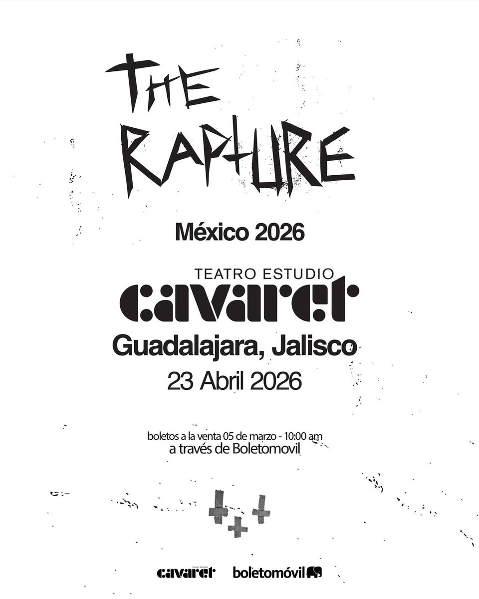 la banda neoyorquina <a href="/ITSTHERAPTURE/">THE RAPTURE</a> anuncia su esperado regreso a los escenarios tapatíos.

La cita es el jueves 23 de abril en el <a href="/TEstudioCavaret/">Teatro Estudio Cavaret</a>

Boletos a la venta en Boletomovil y taquillas del <a href="/AuditorioTelmex/">Auditorio TELMEX</a>