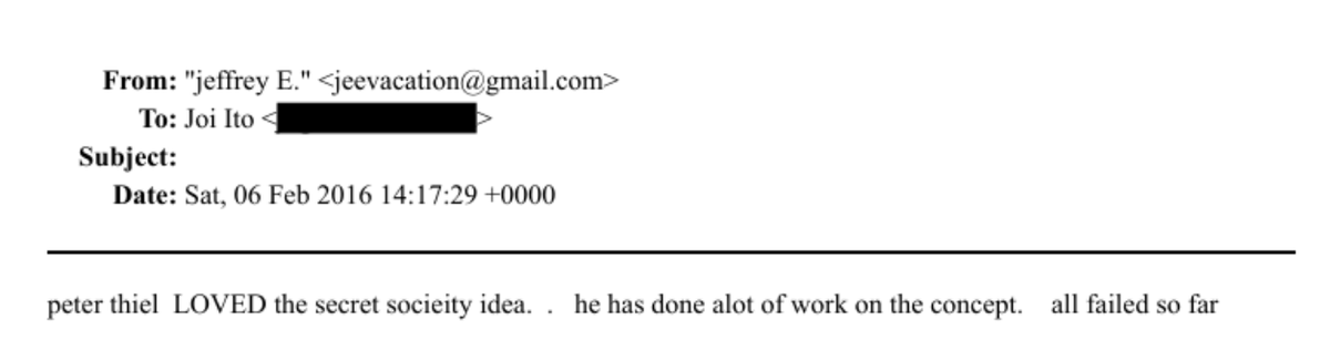 StevenDeLay4's tweet photo. .@JDVance, why was your mentor, Peter Thiel, discussing the idea of forming a secret society with Jeffrey Epstein and Joi Ito? https://t.co/BU8xm2jjCn