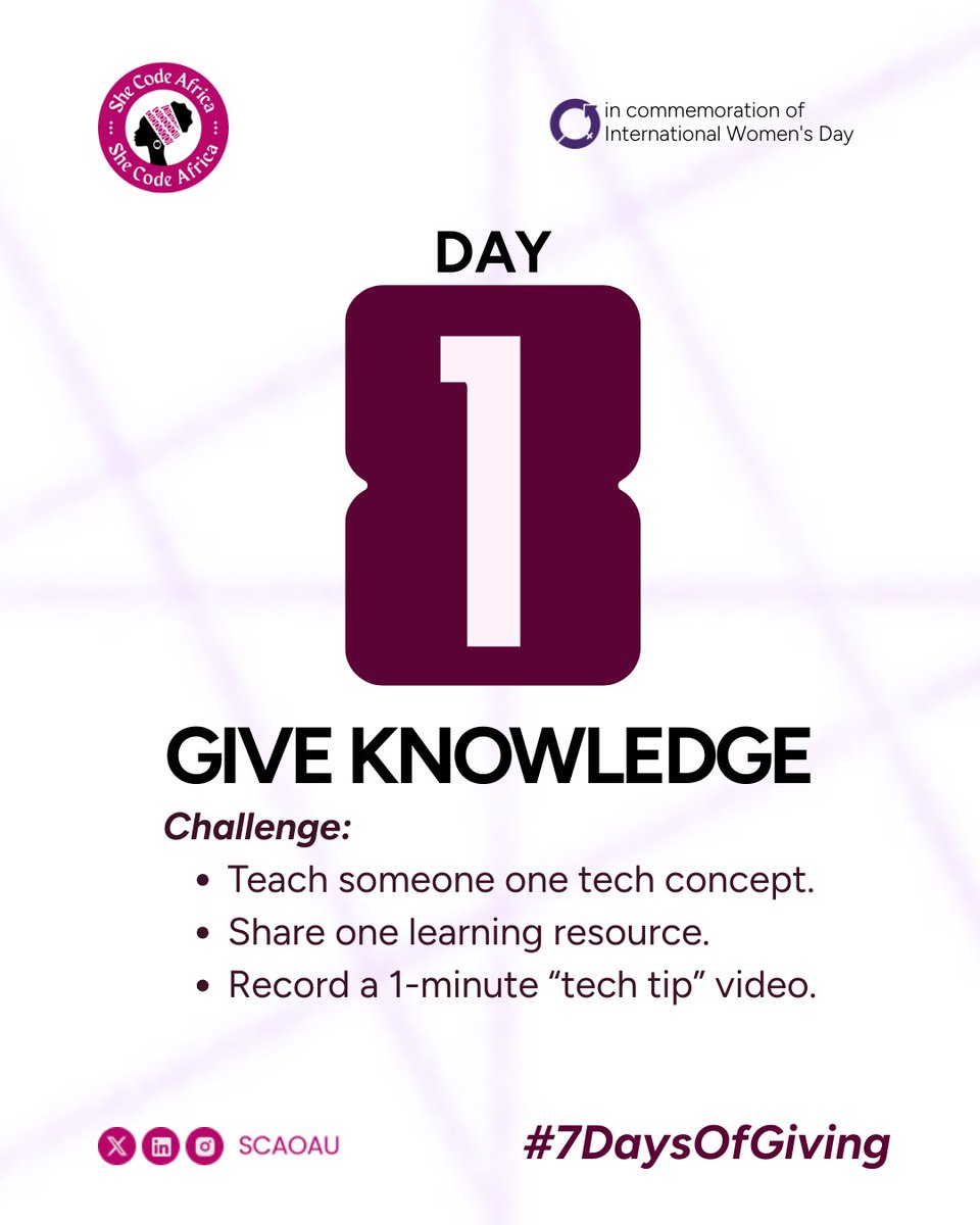 SCAOAU's tweet photo. We’re starting the countdown to #iwd2026 with something powerful,  knowledge.

Today, we’re sharing resources, insights, roadmaps, and practical tips to help women grow confidently in tech. No gatekeeping. No holding back.

#7DaysOfGiving #SCAOAUIWD26 #GiveToGain https://t.co/7fuhHC8pZy