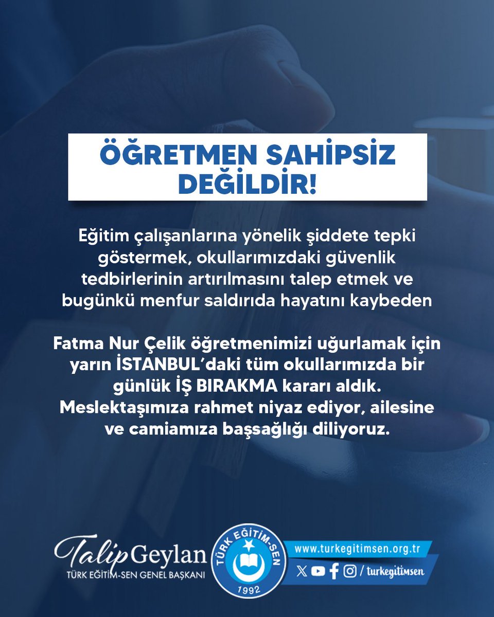 serapgul77's tweet photo. Acımız çok büyük, kelimeler yetersiz…
Öğrencisi tarafından uğradığı saldırı sonucu hayatını kaybeden kıymetli öğretmenimiz Fatma Nur Çelik’i rahmet, minnet ve derin bir hüzünle anıyorum. Bir öğretmenin kalemi, merhameti ve emeği asla ÖğretmenSahipsizDeğildir https://t.co/lQCzNRYSv4