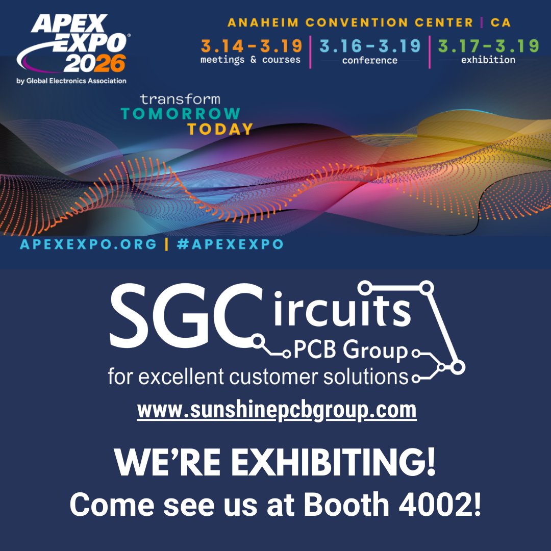 SGC_PCB's tweet photo. We’re heading to IPC APEX 2026 (March 17–19)!
Stop by Booth #4002 and say hello! See you in two weeks!
https://t.co/XevZyiy3v6

#SunshineGlobalCircuits #IPCAPEX2026 https://t.co/QuobNlZnfd