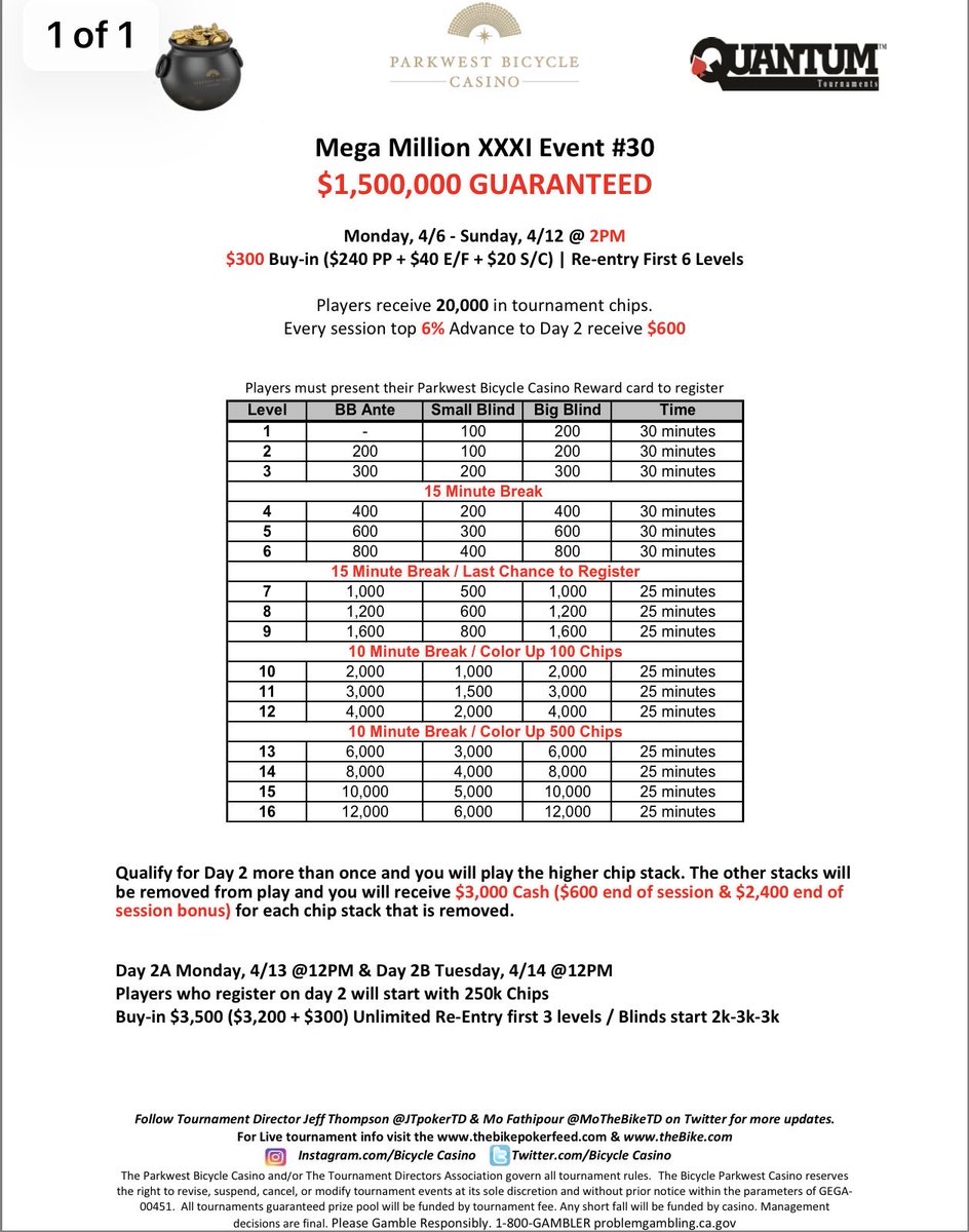 Don’t miss the biggest guarantee you’ll find in Los Angeles all year!! You’ll find this and many other great tournaments in our up-coming Winnin’ O’ the Green series starting Friday, 3/6! <a href="/BicycleCasino/">Parkwest Bicycle Casino</a> 

Our Main Event returns for its 31st edition, Mega Millions XXXI 💰