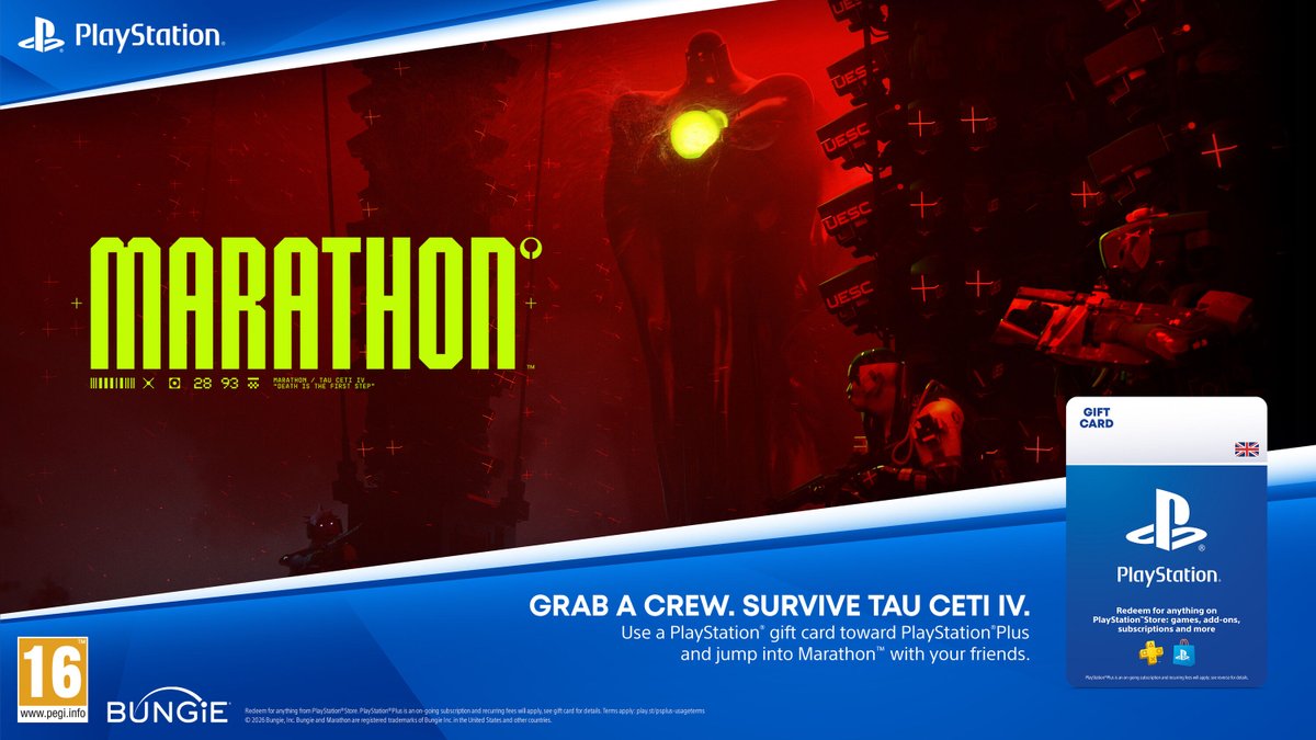 MARATHON £50 PLAYSTATION GIFT CARD GIVEAWAY! 💚 

To celebrate the launch of Marathon, we’re giving away a £50 PlayStation Store Gift Card (Digital Code) — enough to get the Deluxe Edition!

How to enter:
❤️ Like &amp; repost
📲 Complete the giveaway on Gleam 👉