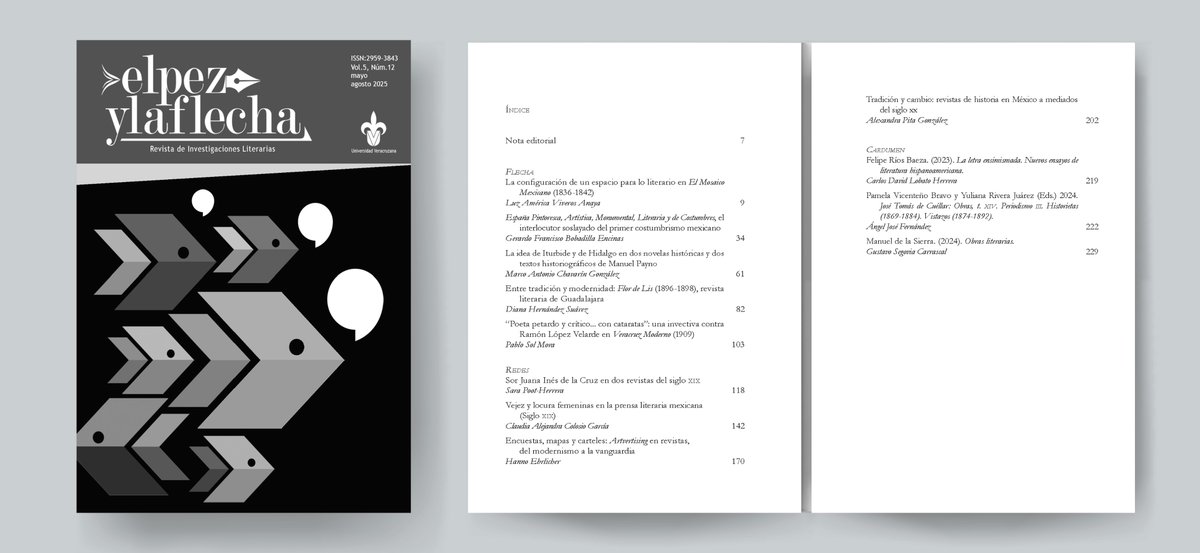 pez_flecha's tweet photo. Inicia el mes con la lectura del Vol. 5 Núm. 12 (2025) de El pez y la flecha. 🐟🏹
Te invitamos a revivir cada texto de esta edición. Si te lo perdiste, consulta el número completo aquí:
🔗 https://t.co/CTQ968HSZM

#RevistaElPezYLaFlecha #Literatura #IILLUV https://t.co/3tfIlr2HQU